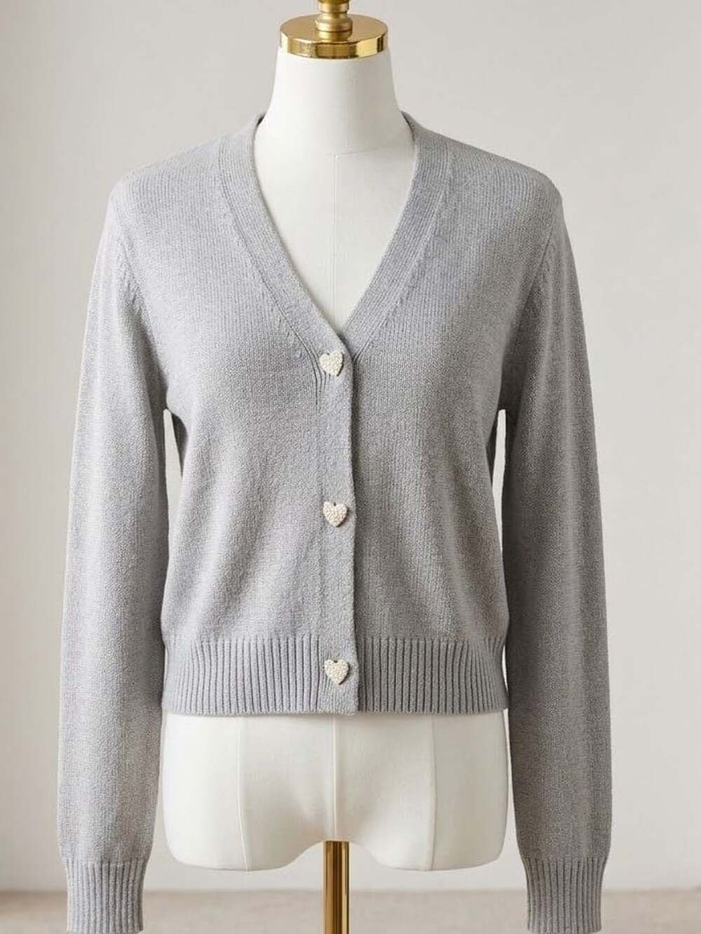 KOJOON V Neck Heart Button Cardigan Sweater Gray Size XL